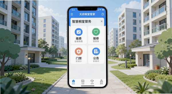 天府桐堂管家 智慧社区服务全貌图 画面主体为一部竖屏智能手机居中展示天府桐堂管家应用首页界面 手机屏幕内可见缴费、报修、门禁、公告等功能图标整齐排列 背景区域为现代化居民小区楼宇与绿化步道 柔和日光 扁平化科技插画风格 蓝白主色调 清晰明亮