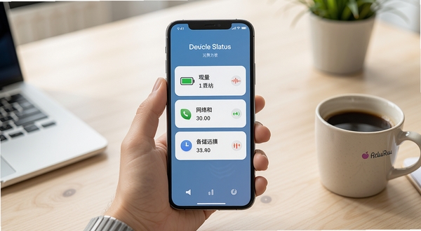 免费手机监控远程管家软件远程状态查看功能界面，画面中心为一部手机展示设备状态卡片，卡片上显示电量、网络、存储等数据，背景为浅色办公桌面环境，旁边放着一杯咖啡，整体氛围轻松实用，突出远程监控的便捷性