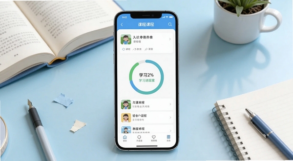 基础学习软件主界面全貌,画面中央是手机屏幕展示课程列表与学习进度环,背景为浅蓝色书桌场景,有书本和文具点缀,整体风格清新明亮,突出教育学习氛围,高清细节,适合Boogu模型生成
