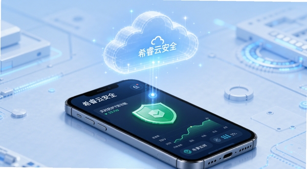 希睿云安全的云端防护功能界面，手机屏幕上方漂浮着一朵发光的云，云朵下方连接着手机，手机屏幕显示绿色盾牌与实时监测数据曲线，背景为浅蓝色科技风格，画面简洁明亮