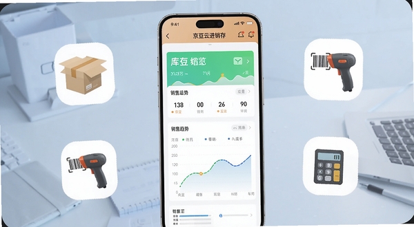 画面主体为一部竖屏智能手机,屏幕中央展示京豆云进销存应用主界面,包含库存总览卡片与销售趋势图,手机两侧悬浮着商品包装盒、扫码枪与计算器图标,背景为浅蓝色渐变办公桌面,整体风格简洁商务,适配Boogu模型生成