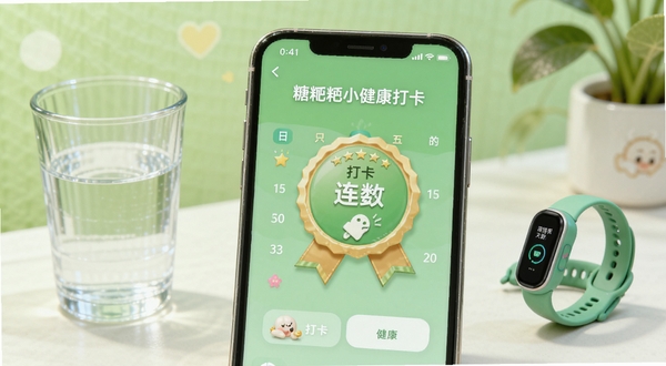 糖粑粑小管家健康打卡界面,画面主体为手机屏幕显示打卡日历和连续天数徽章,背景区域为清新绿色调,旁边放着水杯和运动手环,体现健康生活主题,适配Boogu模型生成
