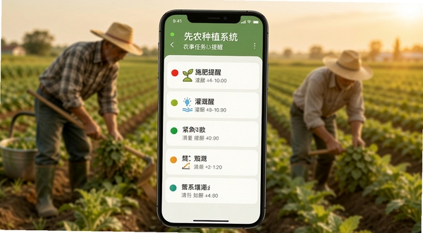 先农种植系统农事任务提醒功能展示，画面中心是一部手机屏幕，屏幕上显示着清晰的任务列表，包含施肥提醒、灌溉提醒等条目，每条任务前有彩色小圆点标识紧急程度，背景是虚化的农田实景，有农民正在田间劳作的模糊身影，整体色调温暖自然
