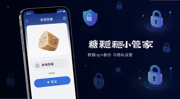 糖粑粑小管家数据备份与隐私设置界面,画面主体为手机屏幕显示本地存储和导出按钮,背景区域为深色科技感渐变,有盾牌和锁的抽象图标点缀,适配Boogu模型生成