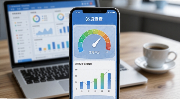 贷查查信用报告生成功能界面，画面中央为手机屏幕特写，屏幕上展示彩色信用评分仪表盘和柱状图，背景区域为模糊的办公桌面环境，有笔记本电脑和咖啡杯，整体色调偏商务蓝，突出专业可信赖的感觉