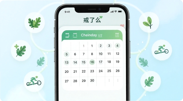 一款名为戒了么的手机应用界面展示,画面中央是一个简洁的日历打卡面板,周围环绕着代表健康生活的绿色植物与运动元素图标,背景为柔和的浅蓝色渐变,整体风格清新明快,突出习惯养成与自我提升的主题