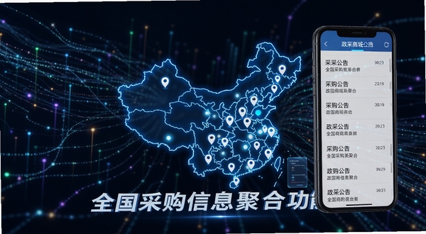 政采商城 全国采购信息聚合功能展示图 画面中一部手机显示中国地图轮廓 地图上分布多个信息提示点 手机屏幕显示采购公告列表 背景为科技感数据流线条 整体呈现信息汇聚的视觉效果