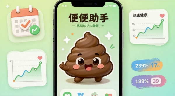 一款名为便便助手的手机应用界面展示，画面中央是圆润可爱的卡通便便吉祥物，背景是柔和的浅绿色渐变，周围环绕着日历打卡图标、健康曲线图表和彩色数据标签，整体风格清新活泼，适合健康管理类软件展示