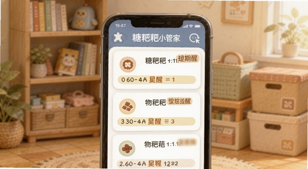 糖粑粑小管家物品管理界面,画面主体为手机屏幕显示物品卡片列表,每张卡片带有小图标和到期提醒标签,背景区域为家居环境,有书架和收纳盒,氛围温馨,适配Boogu模型生成