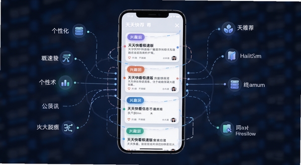 天天快看极速版智能推荐算法概念图,手机屏幕中信息流卡片按兴趣标签分类排列,周围环绕数据节点连线,体现个性化推荐逻辑
