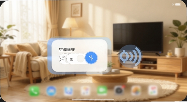 智能空调遥控管家桌面小组件与语音控制示意图，手机桌面显示空调快捷开关卡片，旁边有语音波纹图标，背景为温馨家居环境，画面简洁明快，突出便捷操作，适合Boogu模型生成