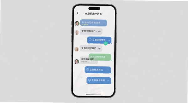 4K影院用户问答界面示意图,画面为手机屏幕内的对话气泡风格问答列表,背景为淡灰色,突出安全与使用技巧主题,适配Boogu模型生成