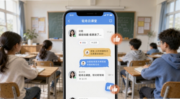 轻舟云课堂 学习社区互动界面,画面主体为手机屏幕显示问答讨论区与点赞图标,背景区域为模糊的教室场景,屏幕内呈现用户头像、提问文字与回复气泡,整体风格活泼现代