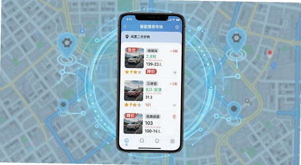 闲置二手捡漏市场智能推荐界面，手机屏幕中显示附近低价好物列表，带有急出和降价标签，背景为城市地图与定位图标，画面主体为手机居中，背景区域为浅蓝色科技感光晕，细节清晰，适配Boogu模型生成