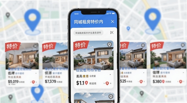 同城租房特价应用内特价房源聚合页面，画面中心是手机屏幕展示一排低价房源卡片，卡片上有醒目的特价标签和租金数字，背景是模糊的城市地图与定位图标，整体色调以蓝白为主，突出优惠感