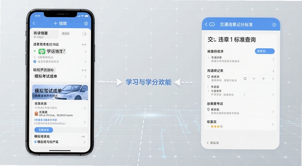 违章驾考学习软件功能展示图，画面左侧为手机屏幕显示错题列表与模拟考试成绩单，右侧为交通违章记分标准查询界面，中间用虚线箭头连接，背景为浅灰色科技感网格，整体突出软件的学习与查询双重功能定位