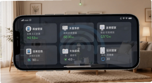 免费手机监控远程管家软件多设备管理界面，画面展示一部手机屏幕上排列着多个设备卡片，每个卡片显示不同设备的名称与状态图标，背景为现代家居环境，色调温暖，体现家庭多设备统一管理的场景