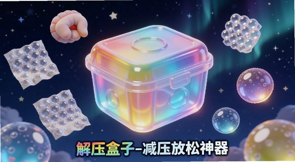 画面主体位于正中央,一个发光的半透明彩虹色解压盒子悬浮在深蓝色星空背景中,盒子表面流动着柔和的渐变光晕,周围环绕着捏捏乐、泡泡纸、流体球等半透明解压元素,背景区域是宁静的夜空与极光,整体风格为3D卡通渲染,高光细腻,色彩治愈,画面底部有彩虹解压盒子-减压放松神器字样
