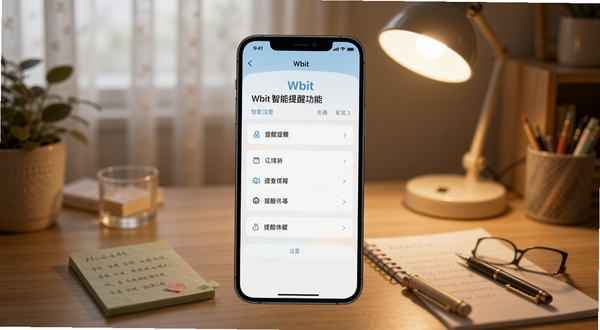 Wbit 智能提醒功能界面预览图,画面主体为手机屏幕显示Wbit提醒设置面板,背景为温馨的居家书桌场景,桌面上有台灯和便签纸,光线柔和,突出提醒功能的生活化使用氛围