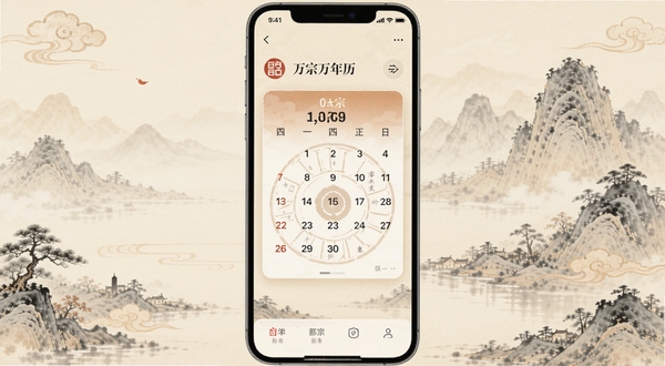 万宗万年历应用主界面全貌展示，画面中央为日历信息卡片，背景为淡雅的中国风山水纹理，整体色调柔和温暖，突出传统历法与现代手机界面的融合感