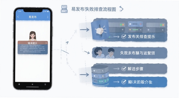 易发布发布失败排查流程图 手机屏幕显示错误提示和解决步骤 简洁信息图风格 蓝灰配色
