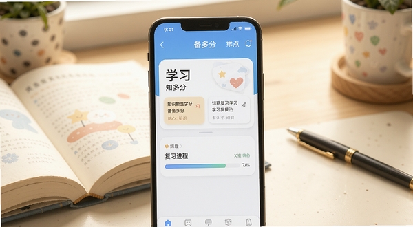 备多分软件主界面展示，画面中央为手机屏幕，屏幕上显示备多分应用的知识卡片与复习进度条，背景为柔和的书桌场景，有书本和笔，整体色调温暖明亮，突出学习氛围