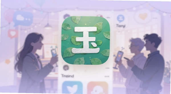 摘玉应用图标与主界面悬浮在柔和的淡紫色背景中，图标位于画面中央偏上位置，背景为模糊的社交场景剪影，整体风格清新温暖，适配Boogu模型生成