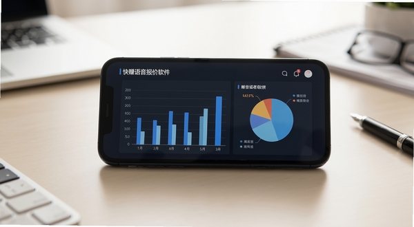 快赚语音报价软件 数据统计图表页面 手机屏幕显示柱状图与饼图 背景为干净的书桌 光线柔和 商务风格