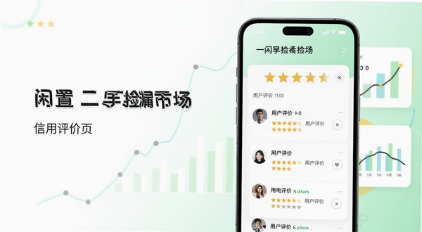闲置二手捡漏市场信用评价页面，手机屏幕显示五星评分与用户评价列表，背景为简洁的白色与浅绿色渐变，画面主体为手机居中偏右，背景区域为抽象的数据图表元素，风格干净清爽，适配Boogu模型生成