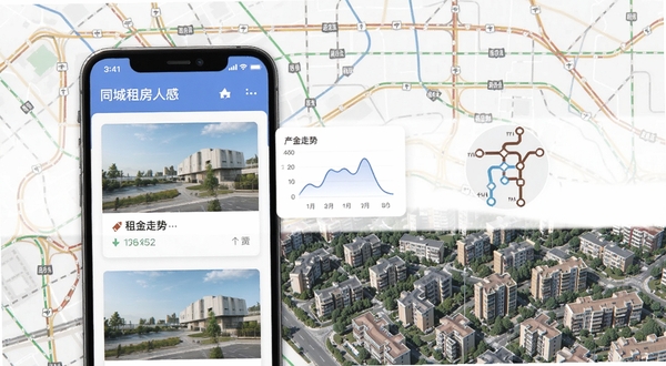 同城租房特价租金对比与通勤筛选界面，画面展示手机屏幕上房源卡片旁边有租金走势小图表和地铁线路图标，背景是城市交通线路图与住宅区俯瞰图，风格偏商务简洁，强调数据参考价值
