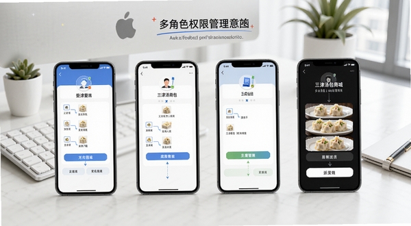 三津汤包商城多角色权限管理示意图，画面展示手机端不同账号登录后的界面差异，背景为简约办公桌面，风格商务清新