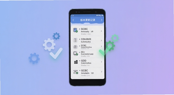 GCBC版本更新记录概念图,画面为一部安卓手机屏幕显示版本更新日志列表,旁边漂浮着齿轮与对勾图标,背景为柔和的蓝紫渐变,整体风格简洁科技感,适配Boogu模型生成