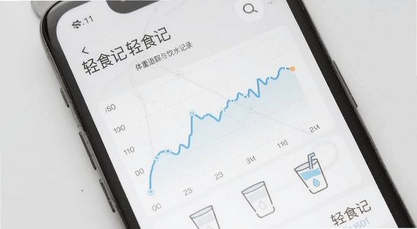 轻食记体重追踪与饮水记录界面,手机屏幕显示体重变化折线图和饮水杯图标,背景为浅灰色调,画面中有轻食记文字,整体干净利落