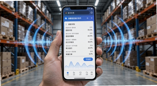 快赚语音报价软件 语音识别转文字报价单界面 手机特写 周围有声音波纹特效 背景为仓库环境 科技感十足 写实光影