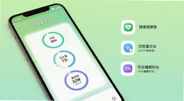 一款名为每日健康管理的安卓手机应用主界面展示,画面中央是健康数据仪表盘,显示步数、饮水量、睡眠时长三个环形进度条,背景为清新浅绿色渐变,手机机身呈自然角度摆放于画面中心偏左位置,右侧区域留有空白用于展示图标与文字说明,整体风格简洁现代,适合应用商店展示图使用