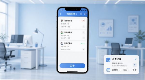 主管巡查应用主界面展示,画面中央为手机屏幕正视图,屏幕内呈现巡查任务列表与打卡按钮,背景为浅蓝色渐变办公场景,右下角有巡查记录卡片悬浮,整体风格简洁商务,适配Boogu模型生成