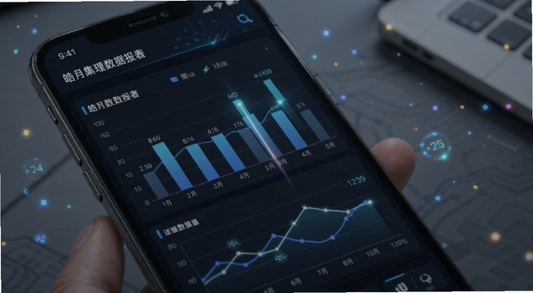 皓月集团管理数据报表页面截图，手机屏幕展示柱状图与折线图，数据呈现清晰，背景为深色商务风格，有数字光效点缀，突出科技感与专业感，适配Boogu模型生成