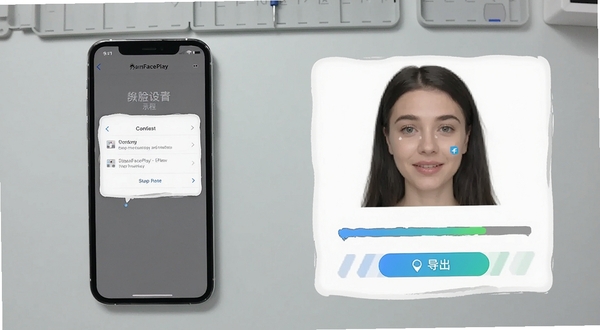 秀脸FacePlay操作教程示意图，画面左侧为手机屏幕展示权限设置界面，右侧为换脸合成进度条与导出按钮，背景区域为简洁的浅灰色工作台，突出步骤清晰与新手友好