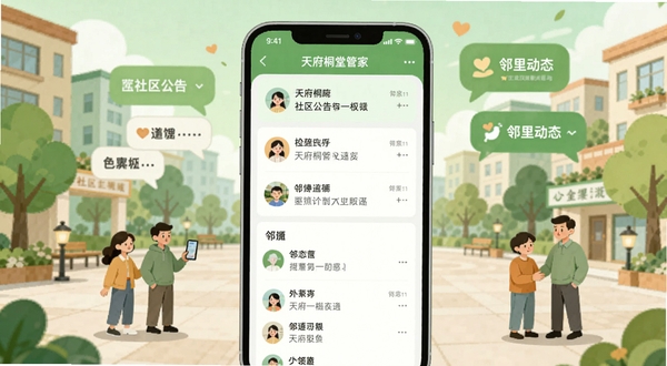 天府桐堂管家 社区公告与邻里互动界面图 画面中央为手机屏幕显示公告列表与邻里动态 背景为社区广场与聊天气泡 清新绿色调 扁平化插画风格 温馨和谐