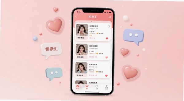 相亲汇软件主界面展示图,画面中央为手机屏幕,屏幕内显示相亲汇APP的推荐卡片列表,背景为浅粉色渐变,周围点缀爱心与聊天气泡元素,整体风格温馨简洁,适配Boogu模型生成