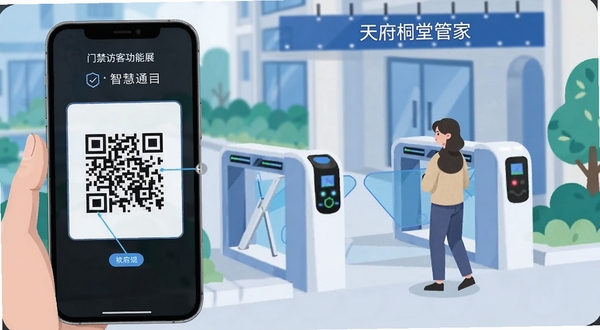 天府桐堂管家 门禁访客功能展示图 画面主体为手机屏幕显示二维码门禁界面 背景为小区闸机与访客行人 蓝白科技色调 扁平插画风格 突出智慧通行
