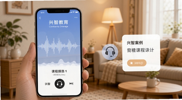兴智教育音频课程播放界面，手机屏幕显示音频波形与课程标题，旁边有耳机图标和案例文字卡片，温馨居家背景，柔和光线，现代扁平化设计风格