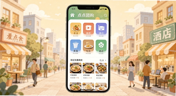 一款名为点点团购的手机应用主界面展示图，画面中央是手机屏幕，屏幕内显示着美食、电影、酒店等团购分类图标和附近优惠商家列表，背景是温馨的城市生活插画风格，色彩明亮柔和，突出便捷省钱的氛围