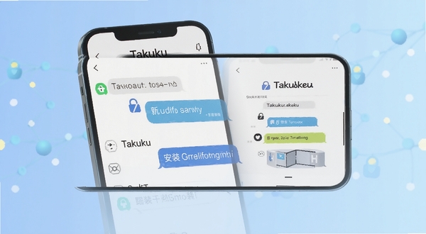 Takuku用户问答场景示意图，画面展示手机屏幕上的问答对话气泡与Takuku界面融合，背景为柔和蓝色渐变，突出安全与安装主题