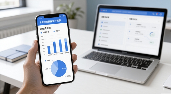 主管巡查数据统计报表页面,手机屏幕显示柱状图与饼图,展示巡查完成率与问题分类占比,背景为简约办公桌与笔记本电脑,整体色调蓝白相间,适配Boogu模型生成