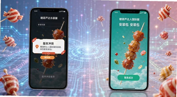 糖葫芦达人国际服安装器智能匹配安装包界面，画面展示两个手机屏幕对比，左侧显示版本冲突提示，右侧显示安装成功界面，背景有数据流线条，科技感与糖果风格结合