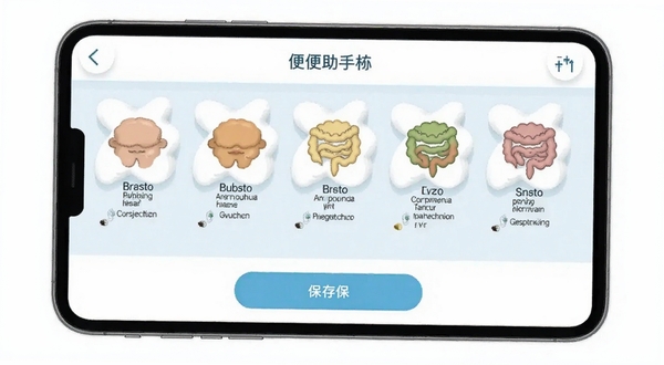 便便助手应用内的排便记录界面，画面展示布里斯托大便分类法的七种形态图标排列整齐，每个图标旁边有对应的文字说明，界面底部有保存按钮，整体UI设计简洁明快，以白色和浅蓝色为主色调