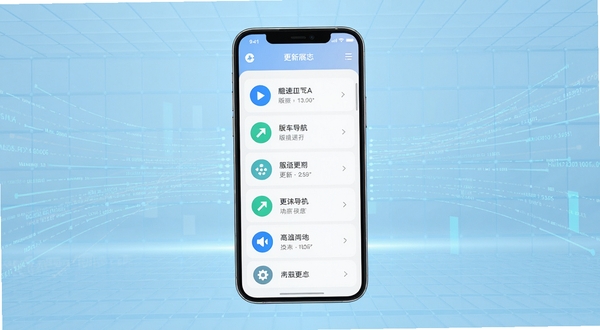 高速手机导航更新日志展示页面设计图，画面中央为手机屏幕显示版本更新列表与功能图标，背景为淡蓝色科技网格与数据流线条，突出软件持续迭代与功能完善的视觉感受