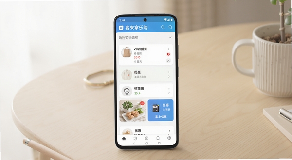 画面主体为一部安卓手机竖屏展示客徕拿乐购应用主界面，界面中央为购物清单与优惠卡片布局，背景区域为浅色家居桌面环境，柔和自然光从左侧照射，整体风格清新简洁，突出掌上购物工具的核心全貌