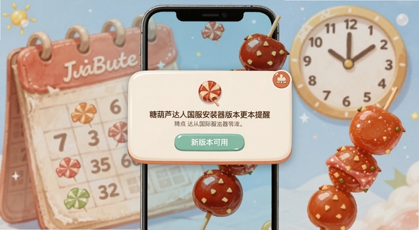 糖葫芦达人国际服安装器版本更新提醒弹窗界面，手机屏幕显示新版本可用提示框，背景是日历和时钟元素，糖果色配色，温馨提醒风格